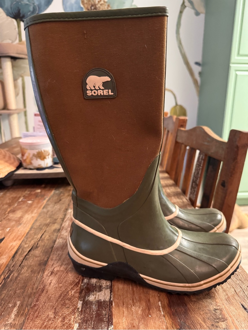 Sorel Olive Green Brown Mid-Calf Waterproof Boots with Cream Trim